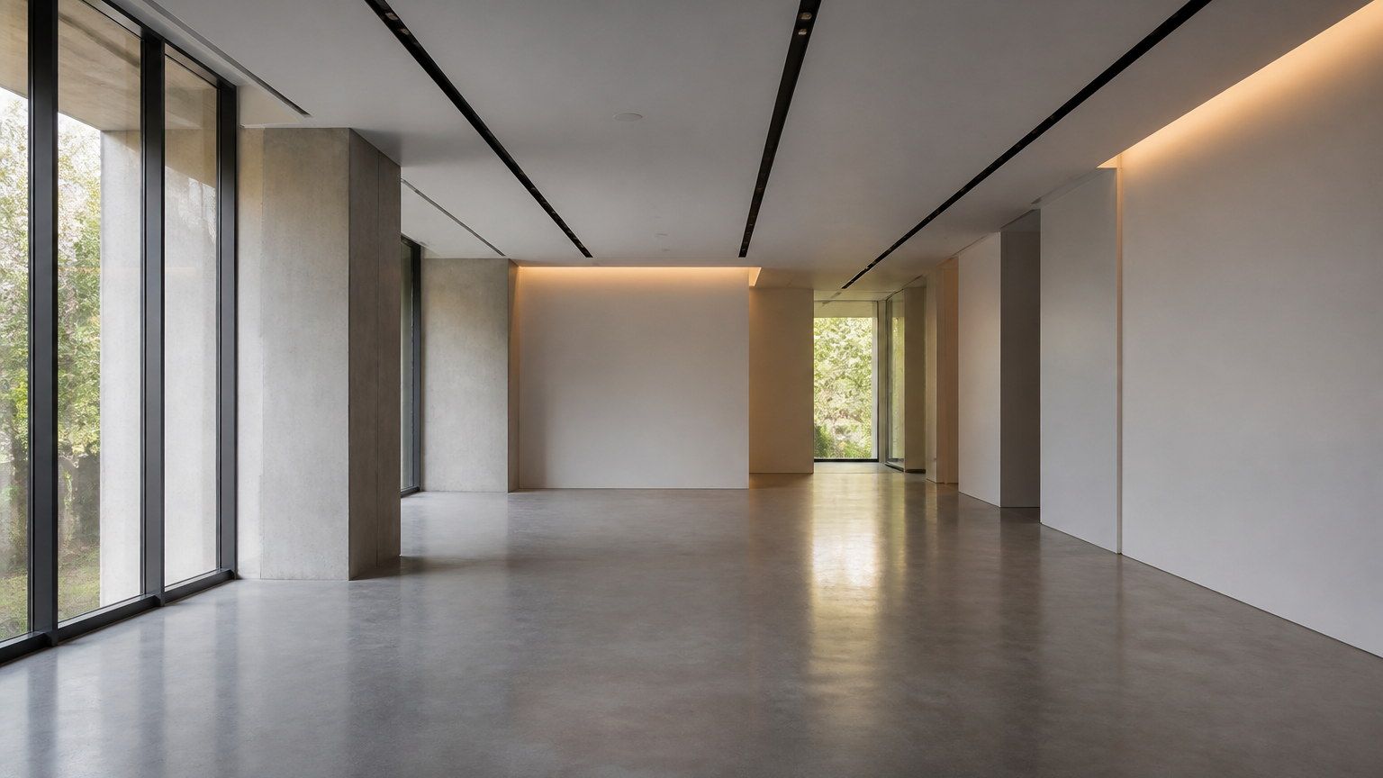 Office interior whose mood comes from light and proportion rather than furniture