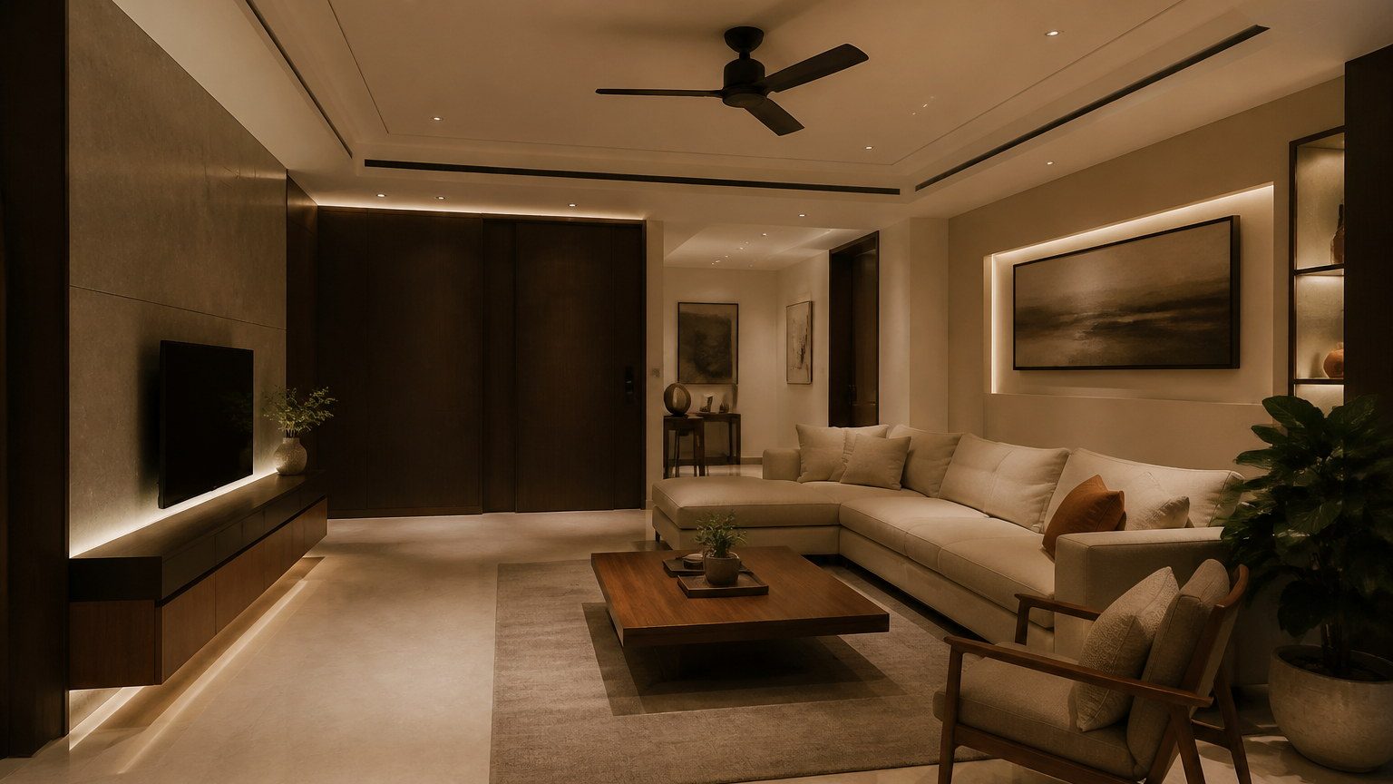 Refined living interior with controlled lighting, no glare on stone, concealed coves