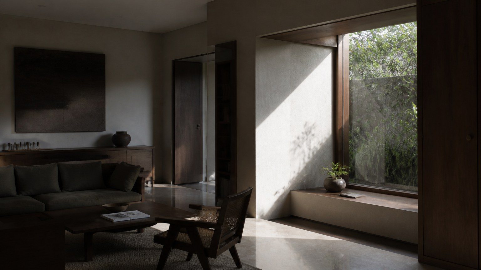 Contemporary Indian living interior with strong directional daylight across a stone floor, timber furniture and plaster walls