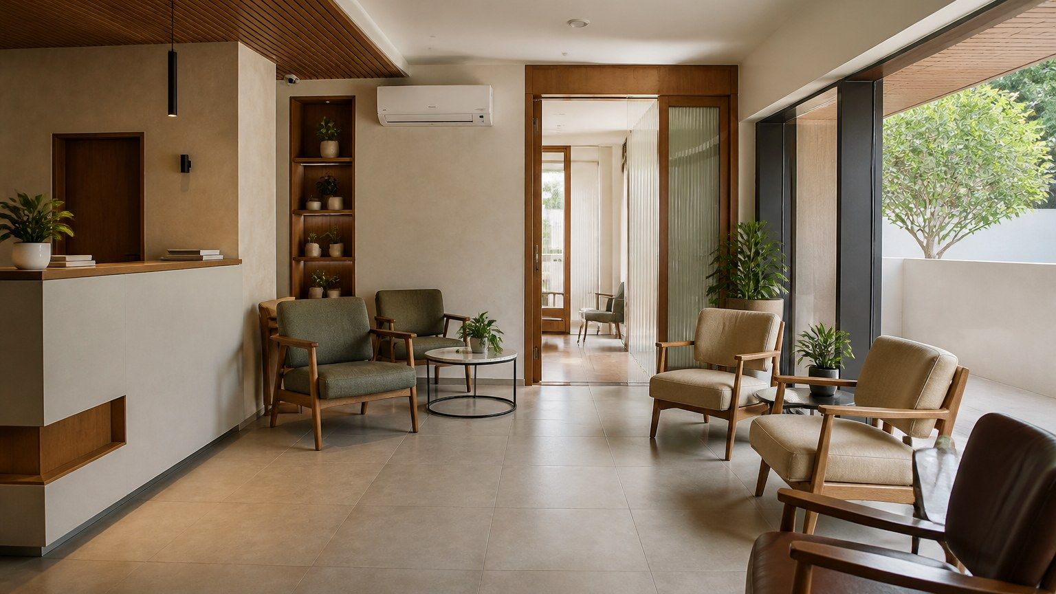 Dental clinic waiting area with calm materials and daylight, no signage