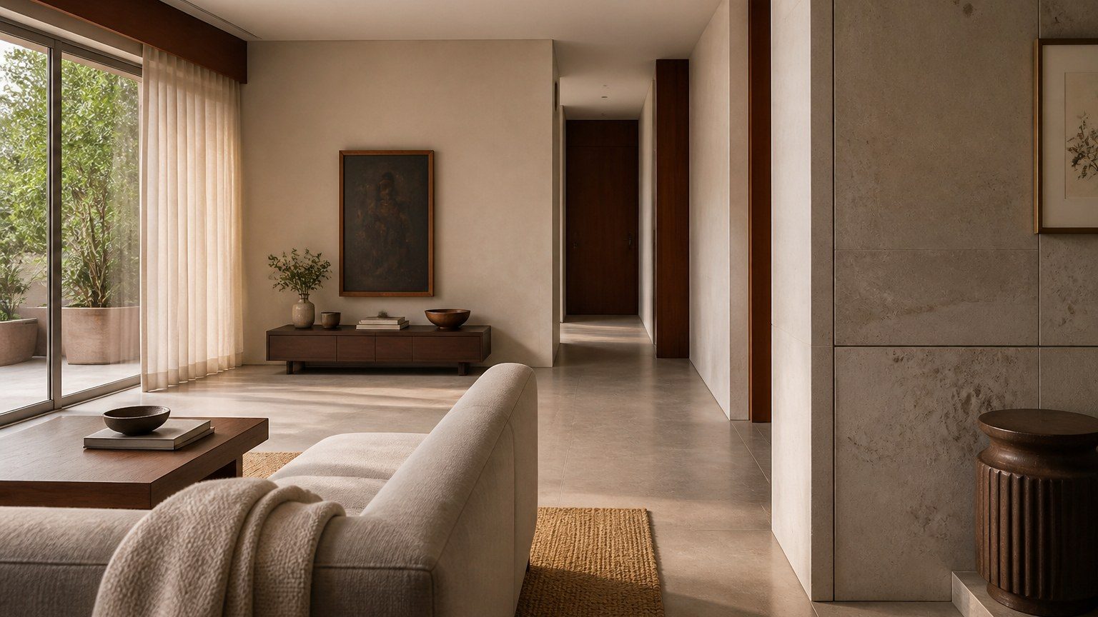 Residential interior with layered depth: seating, textile, a quieter wall and daylight