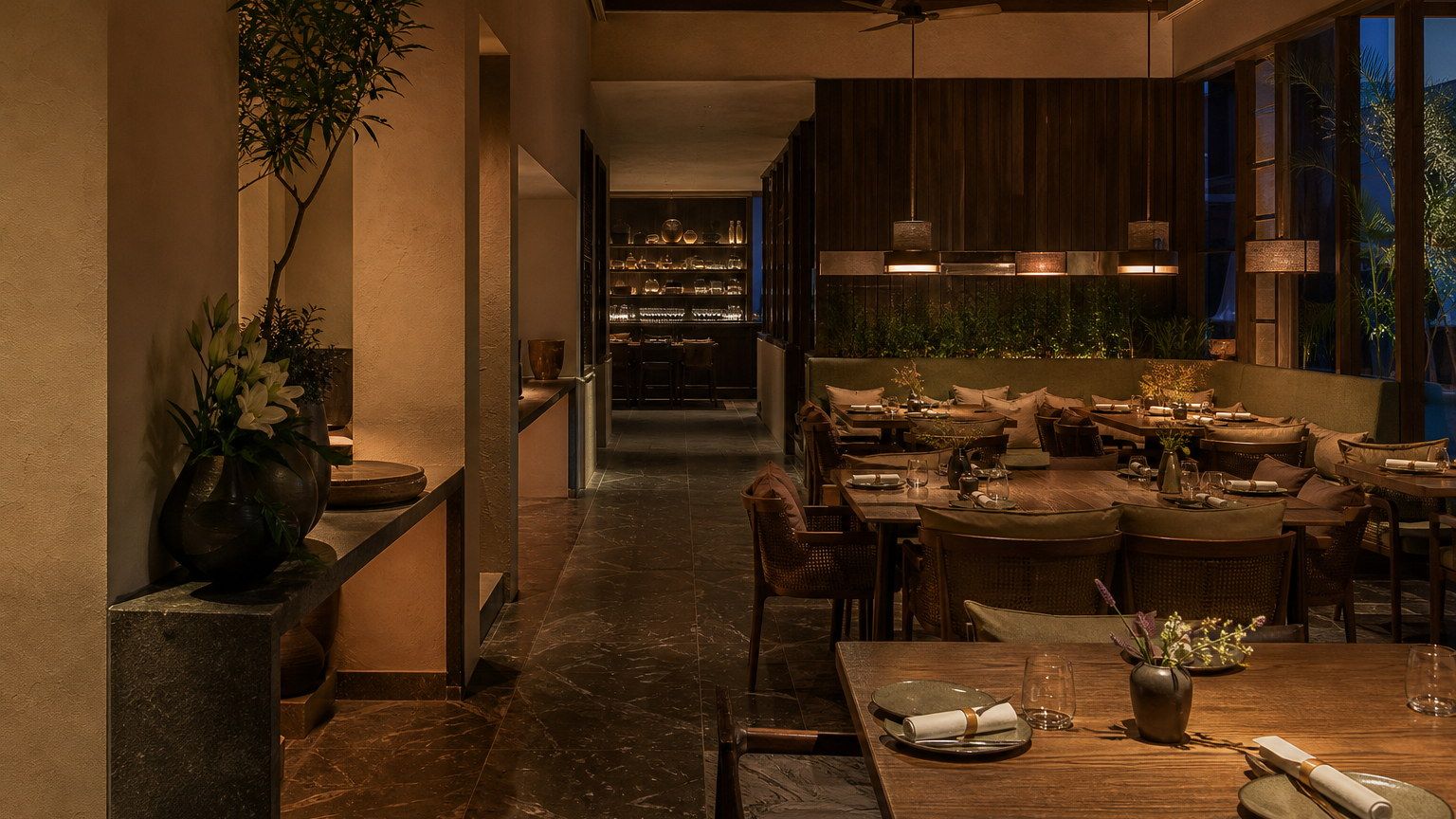 Contemporary Indian restaurant dining room with warm plaster, timber and considered evening light