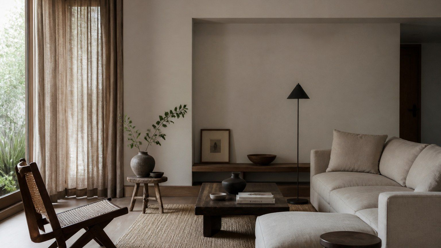 Heavy drape and upholstery in a quiet Indian living room, daylight softened through fabric