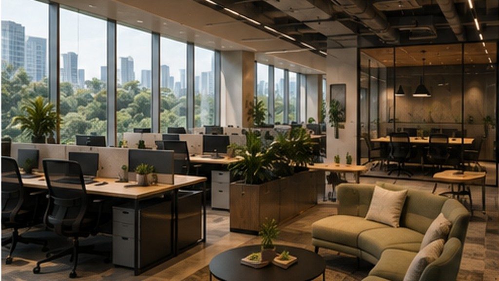 Contemporary workplace interior balancing quiet focus areas with connected collaborative space