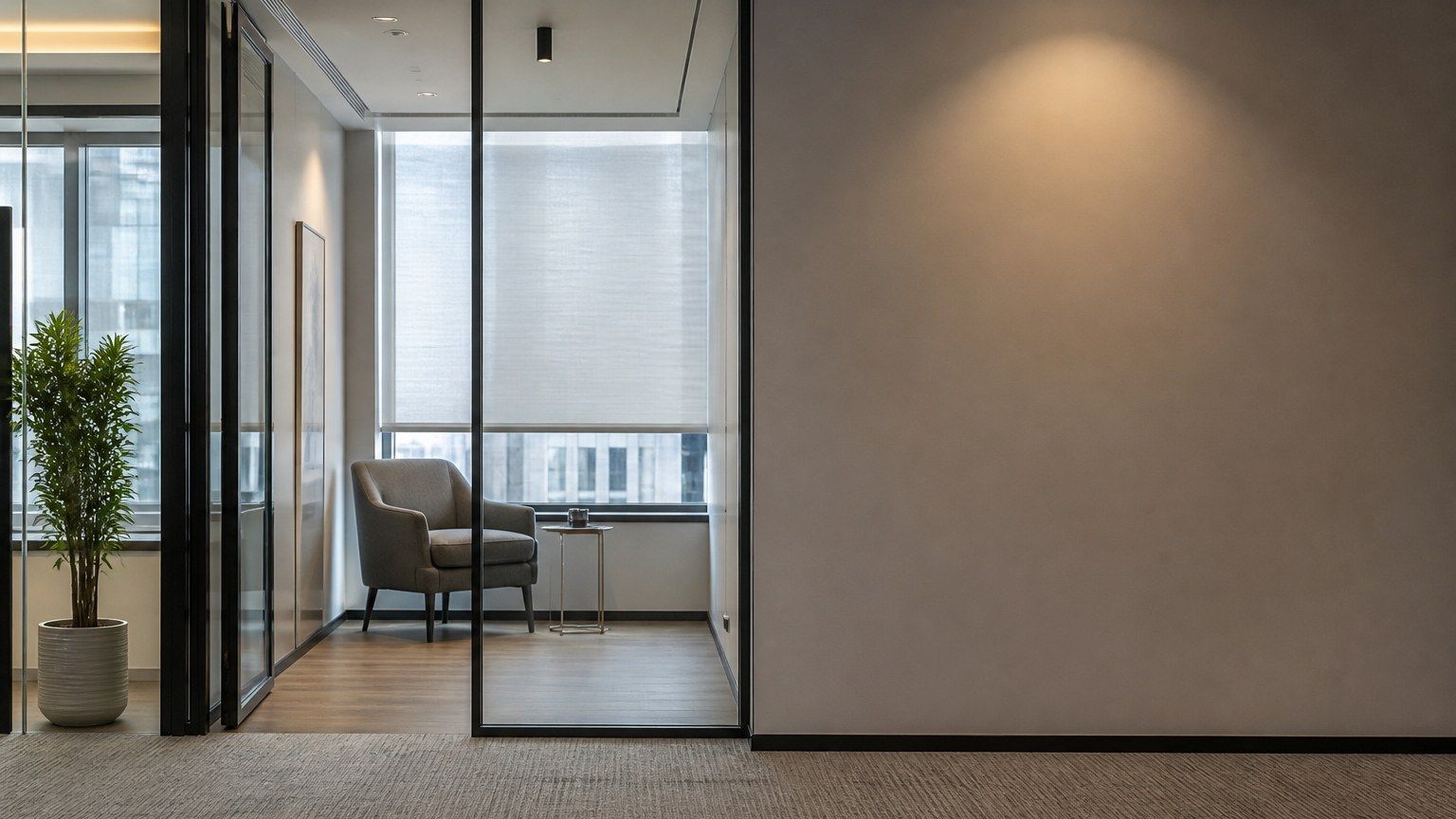 Office glass partition with a framed view and a solid wall beside it, controlled daylight