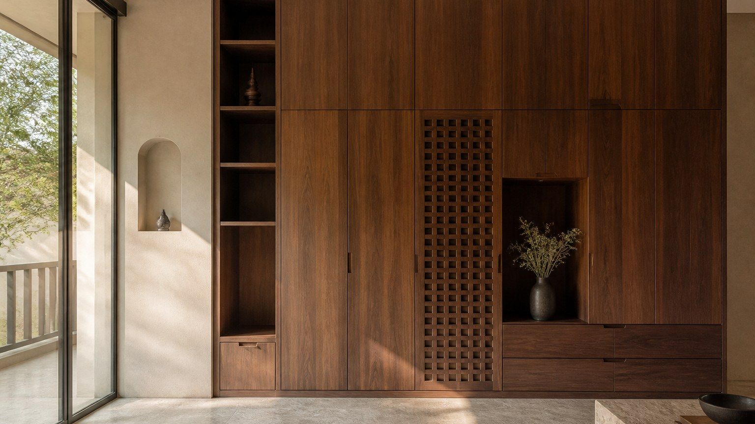 Floor-to-ceiling timber millwork in a contemporary Indian living room, daylight on grain