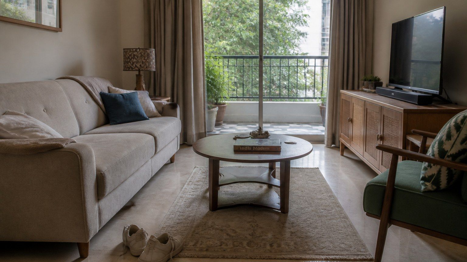Lived-in contemporary Indian living room with honest furniture use, not a show-flat