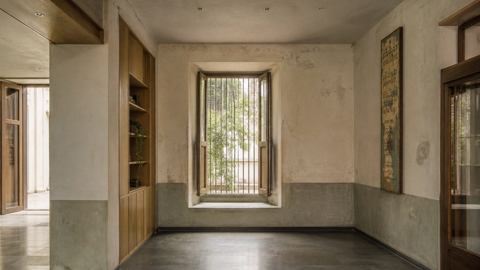 Older Indian building interior with original plaster and a contemporary insertion in timber