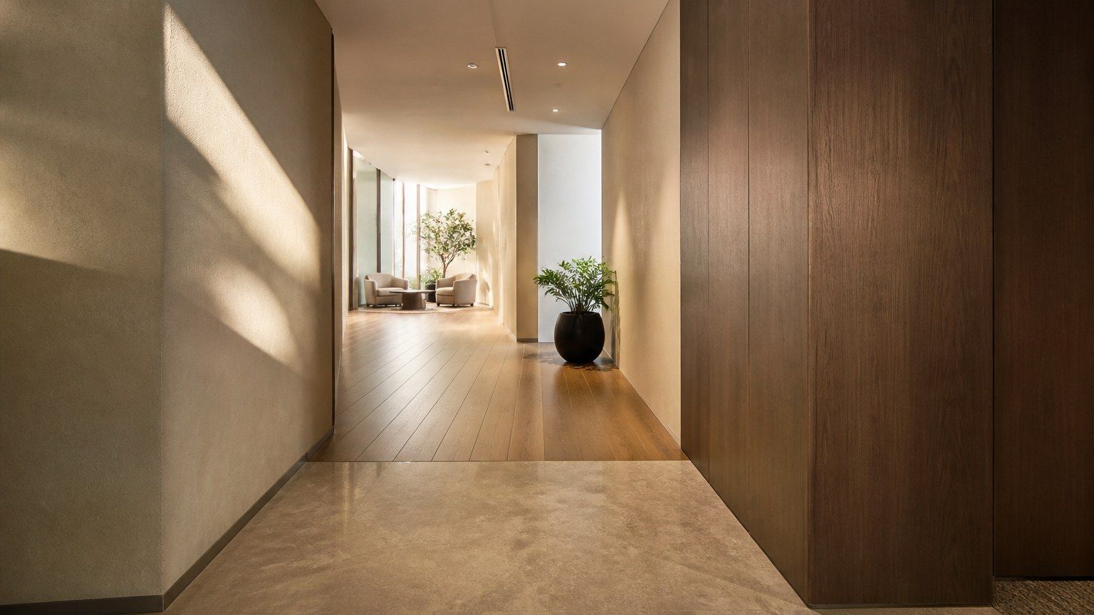 Quiet pre-reception passage with a change of floor and soft light before a workplace desk