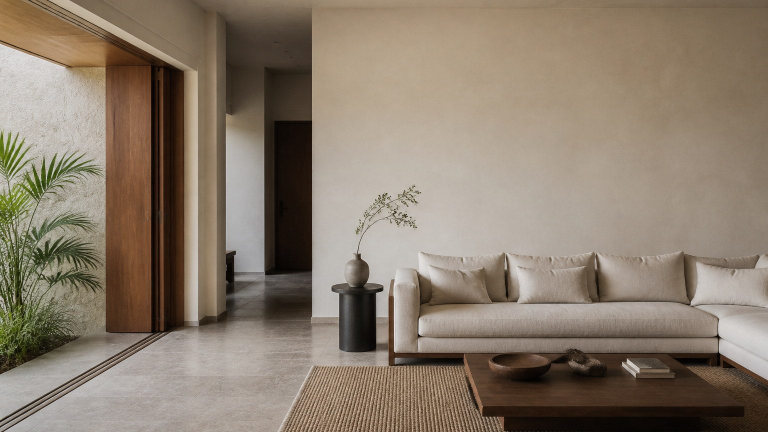 Quiet luxury Indian living room with daylight, few objects and generous empty wall