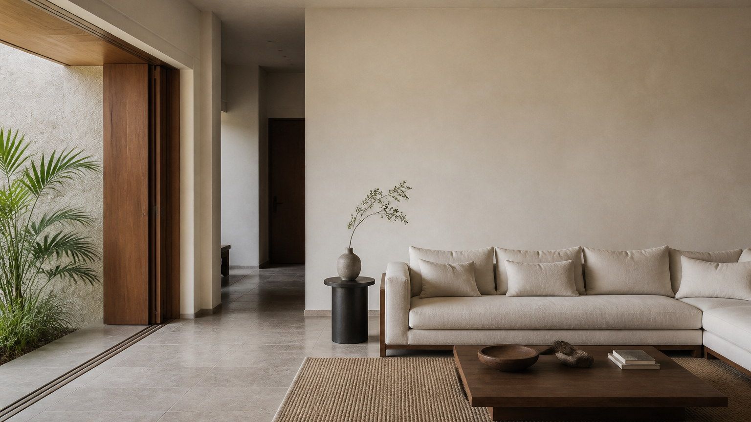 Quiet luxury Indian living room with daylight, few objects and generous empty wall