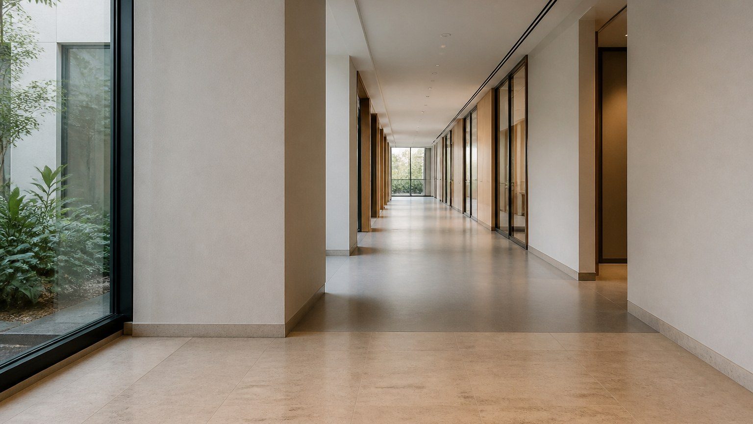 Clear office circulation with a level threshold and generous width, no people