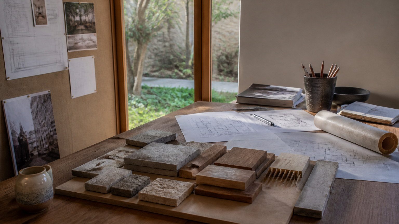 Material samples and drawings on a timber table in daylight