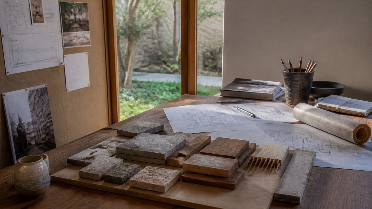 Material samples and drawings on a timber table in daylight