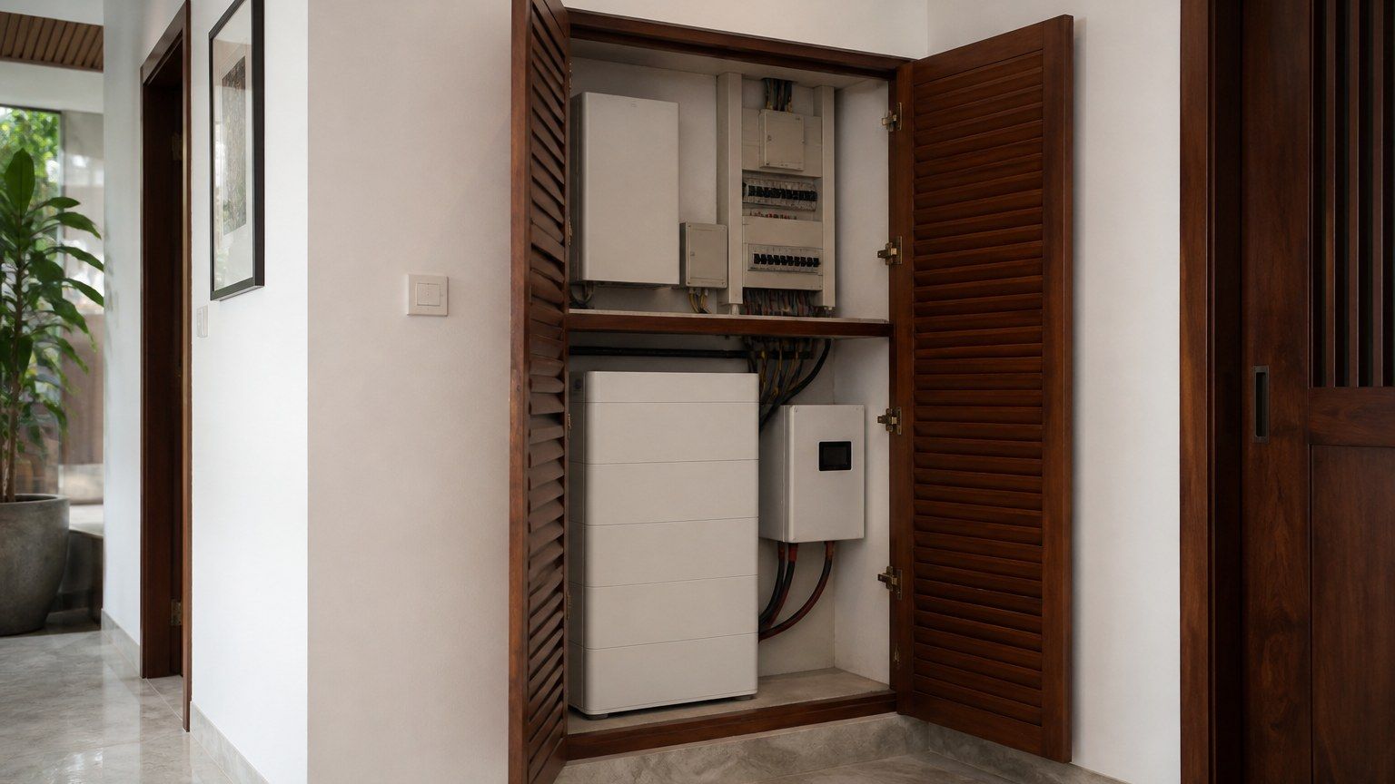 Calm residential service cupboard with ordered electrical equipment behind joinery, no logos