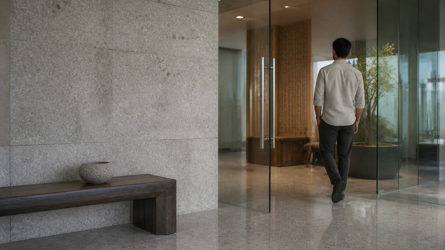 Honed stone at a contemporary office threshold, calm and heavy