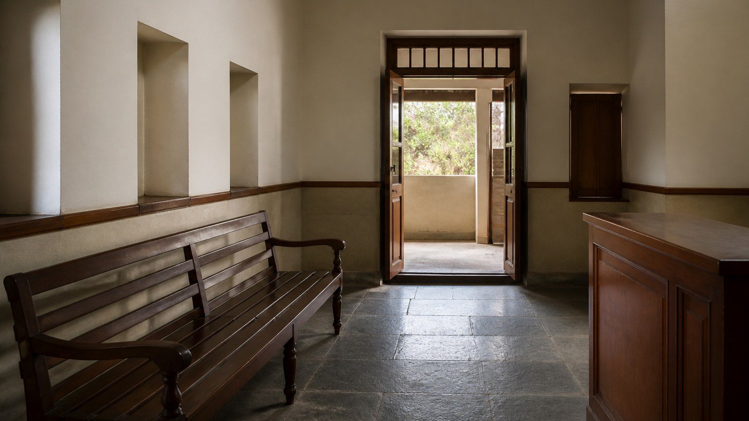 Calm clinical waiting room with timber, plaster and daylight