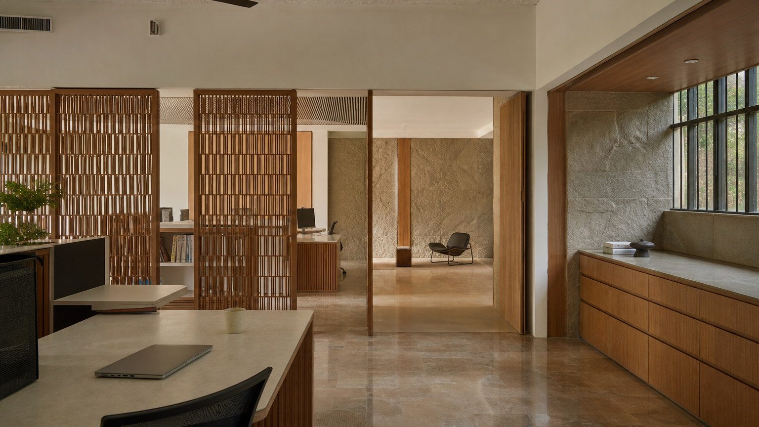 An adaptable contemporary workplace with flexible planning and spatial zones that can evolve without demolition