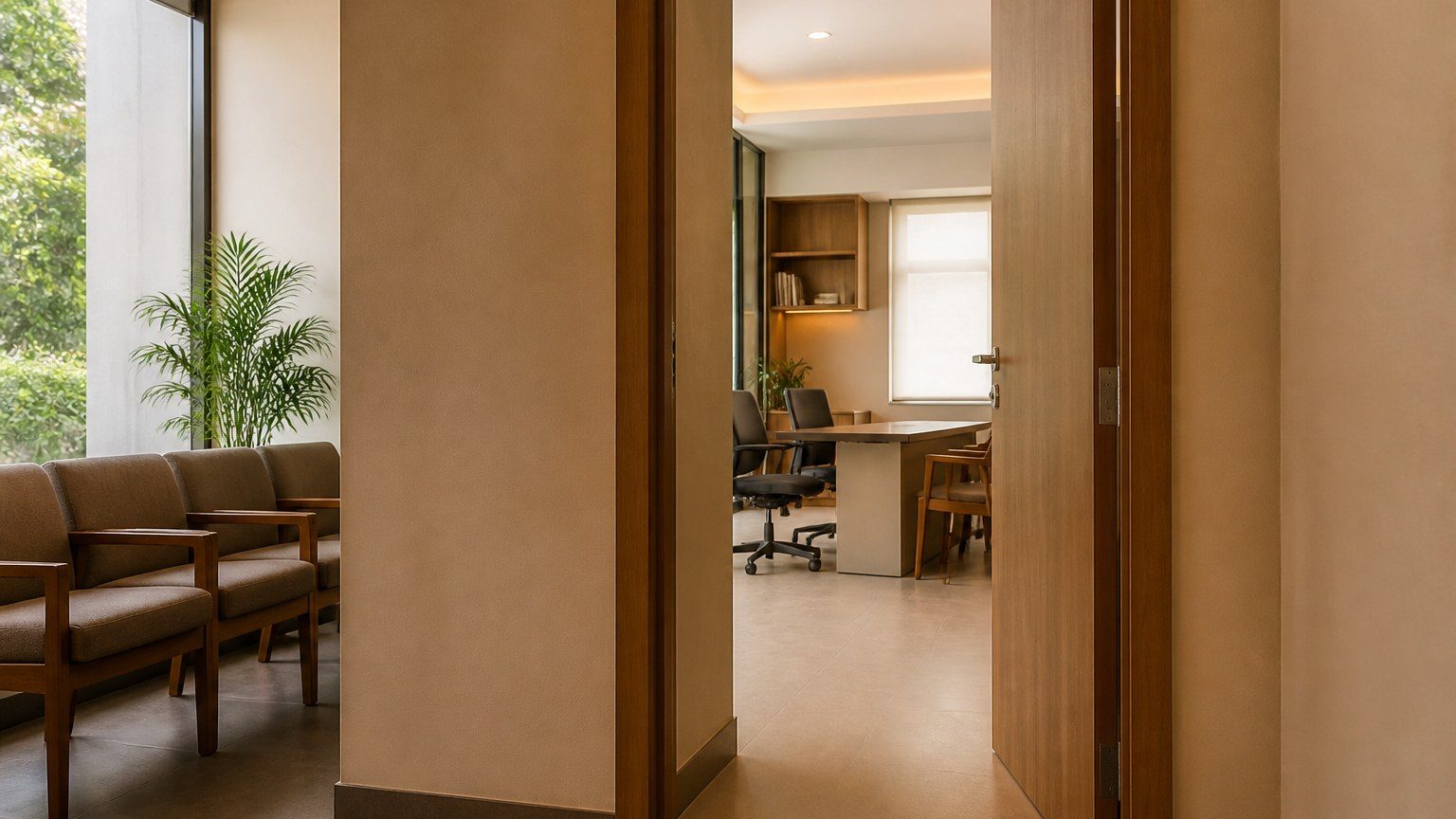 Quiet threshold between a clinic waiting area and a consultation room