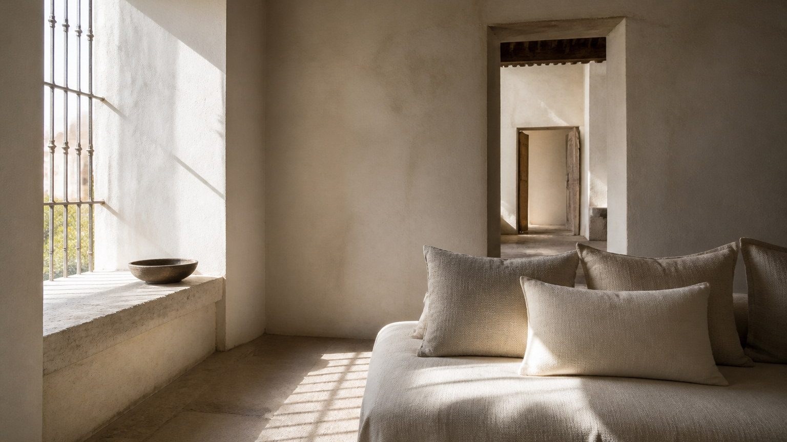 Monochrome room under strong Indian daylight showing undertone on plaster