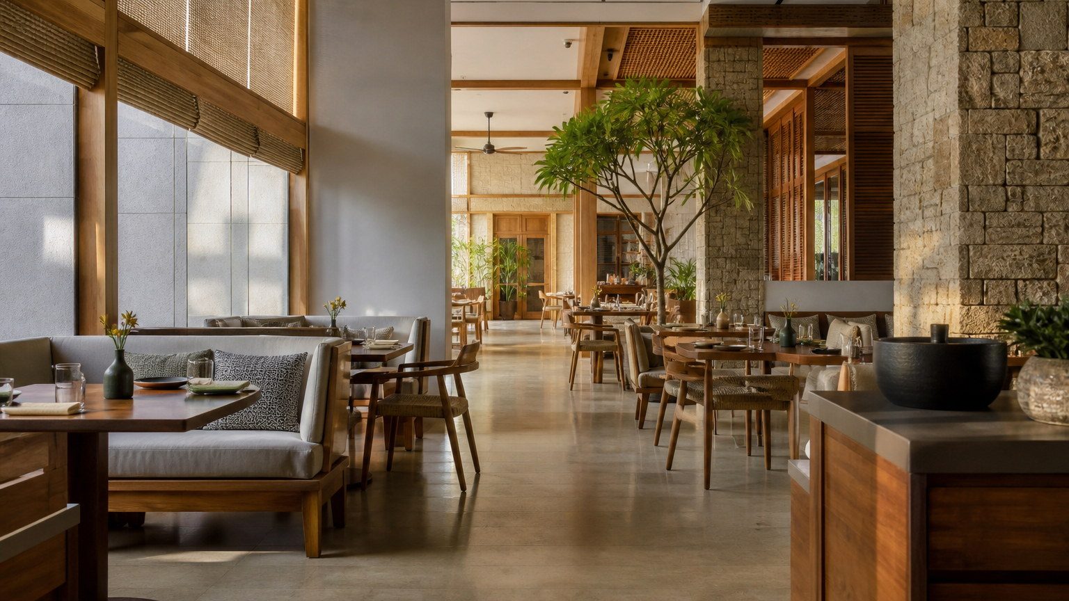 Wide view of a café dining interior with timber tables, banquettes and a clear service path