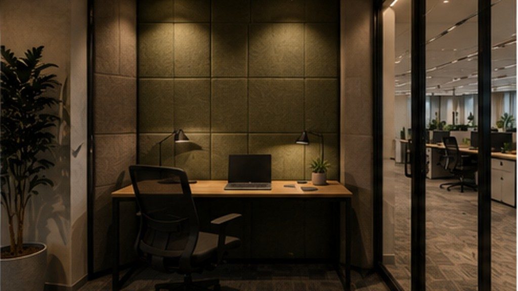 Quiet office focus zone with acoustic partitions, controlled daylight and a calm material palette