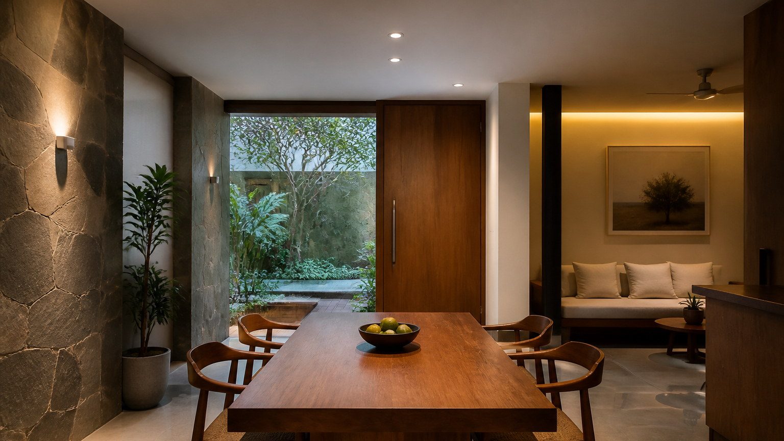Daylight and artificial light meeting on stone without harsh reflection