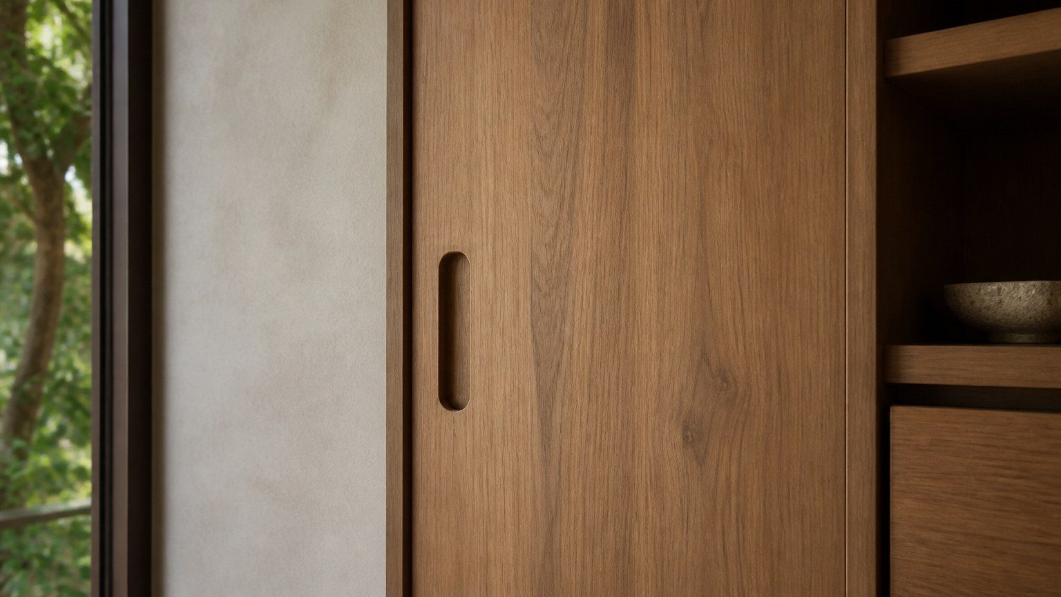 Close millwork detail: timber grain, a quiet handle, a precise shadow gap