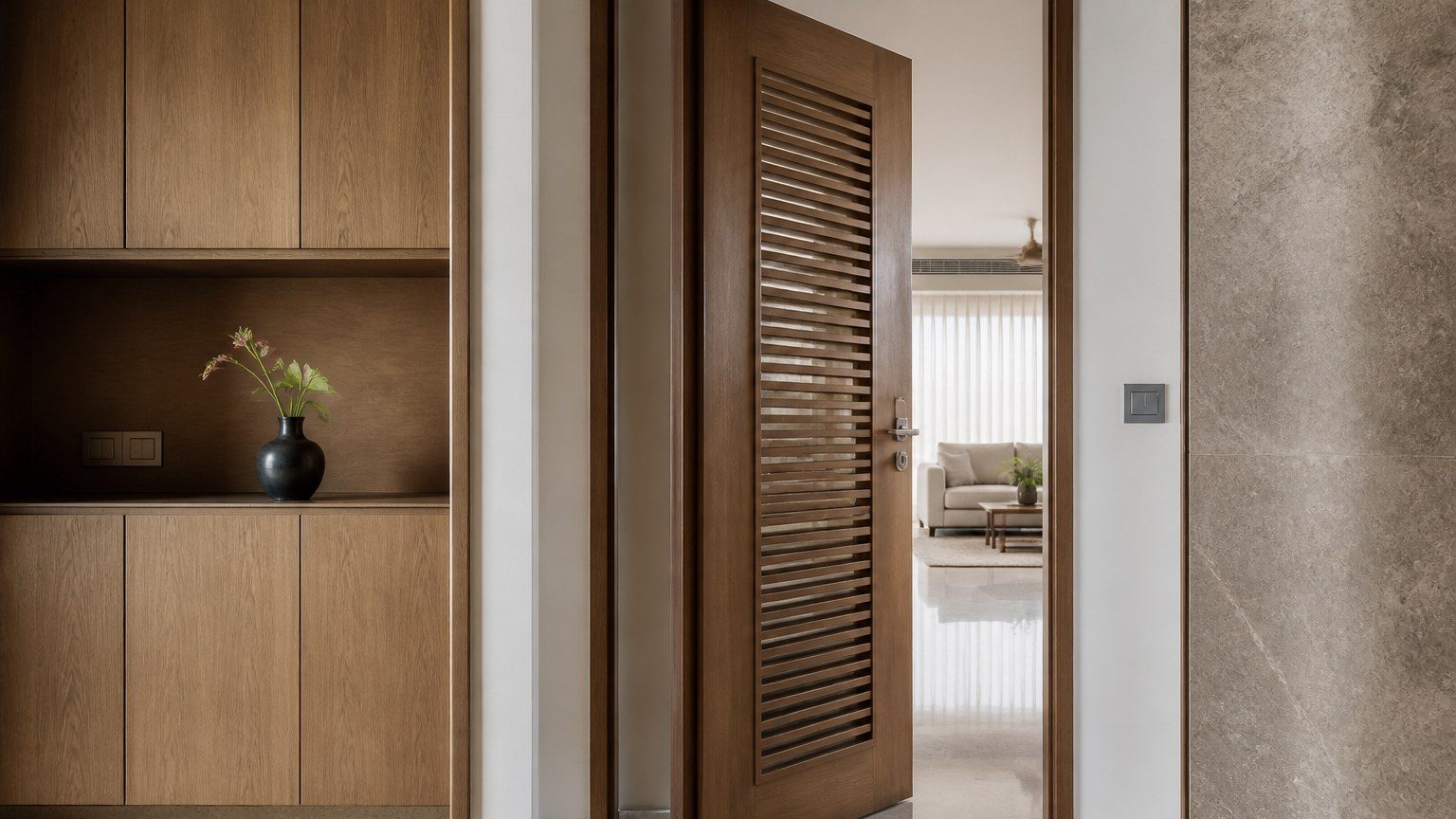Residential millwork with a ventilated service door slightly ajar, calm interior beyond