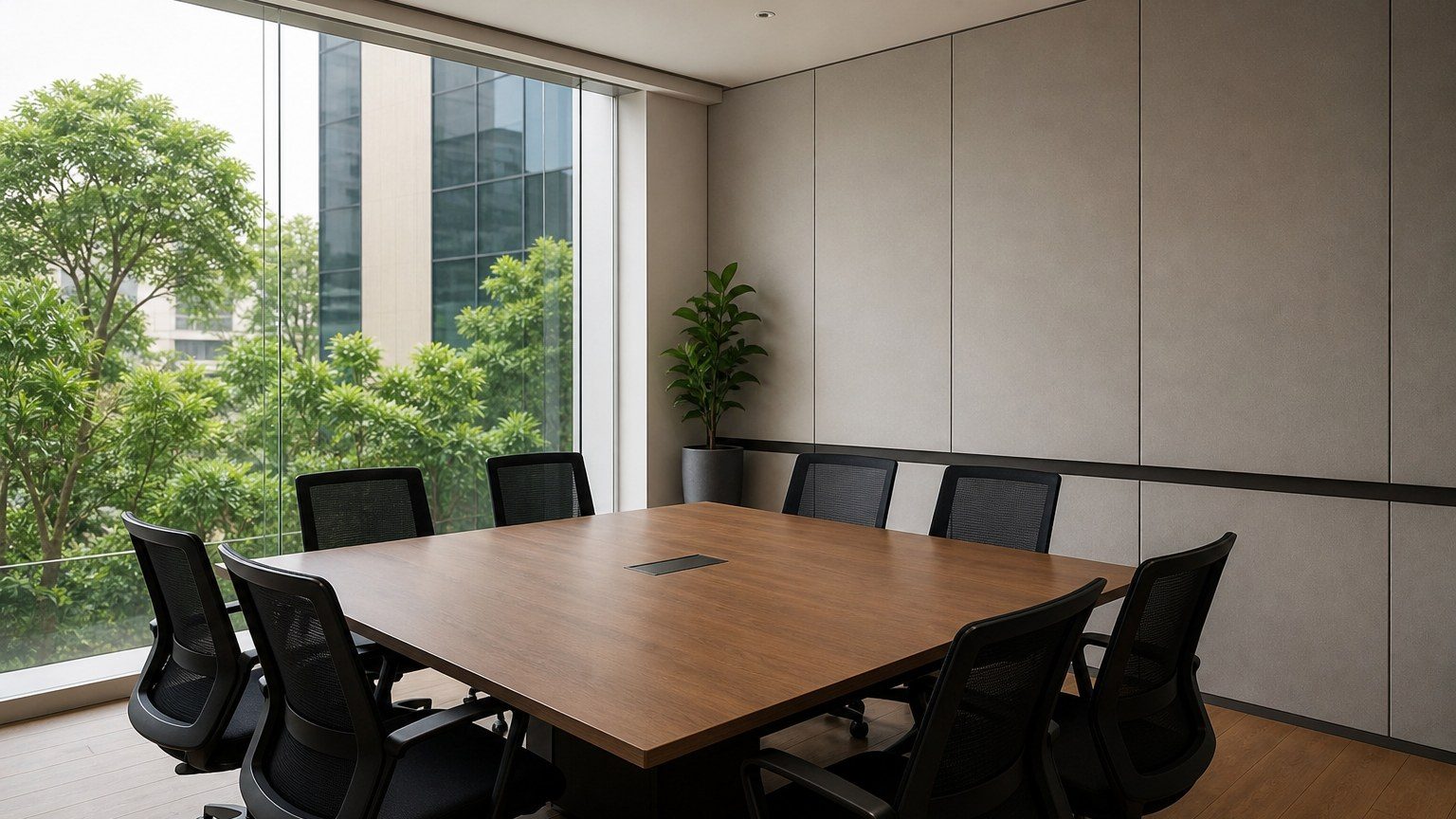 Meeting room with a glass edge and a solid acoustic wall, empty chairs