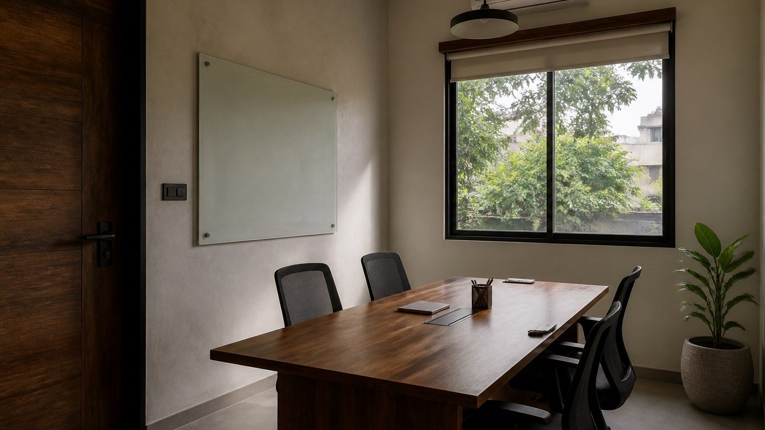 Small meeting room with a door, acoustic calm and a table that is not a brand statement