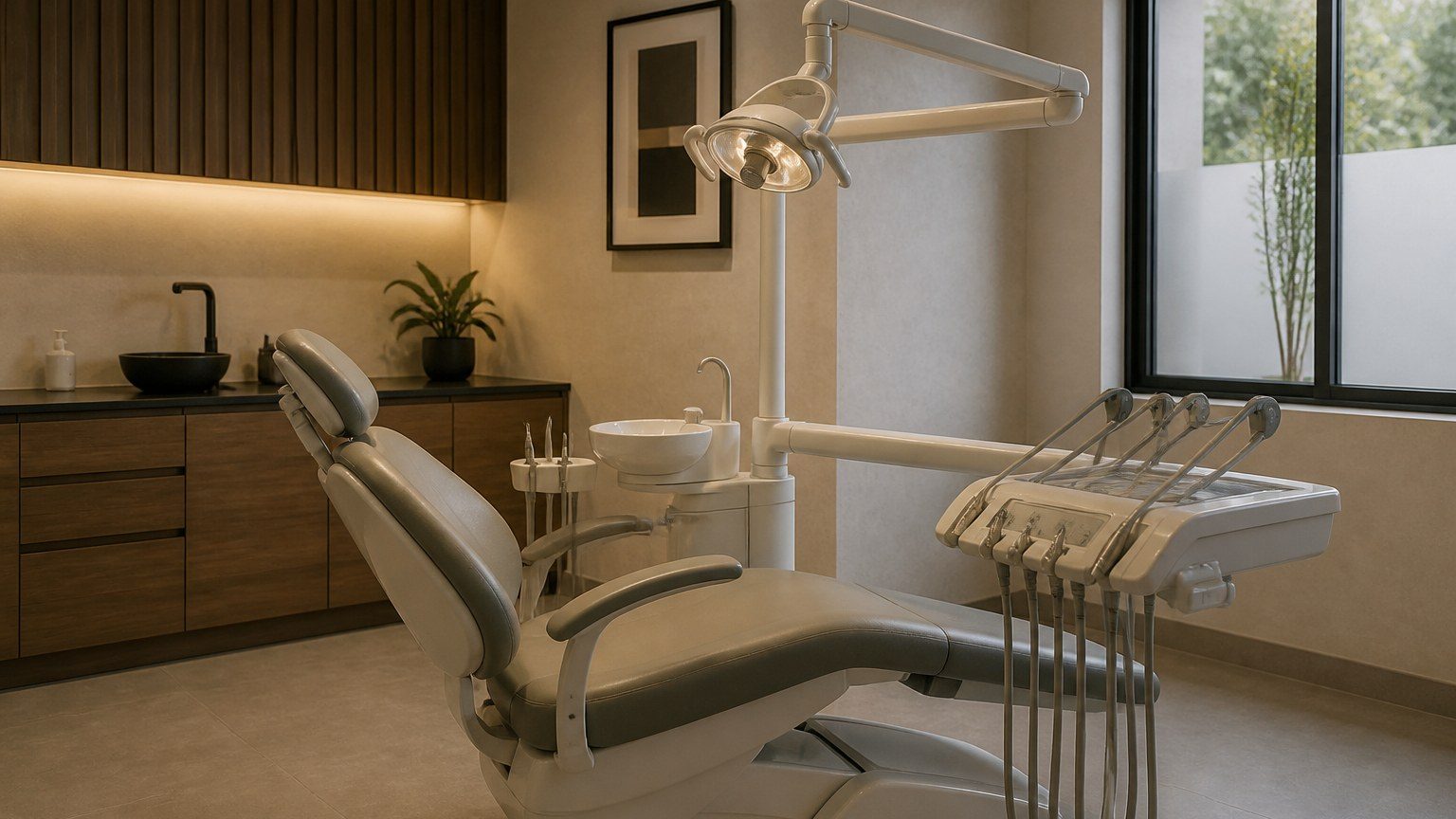 Dental operatory with task light on the chair and a calmer wash on the room, empty