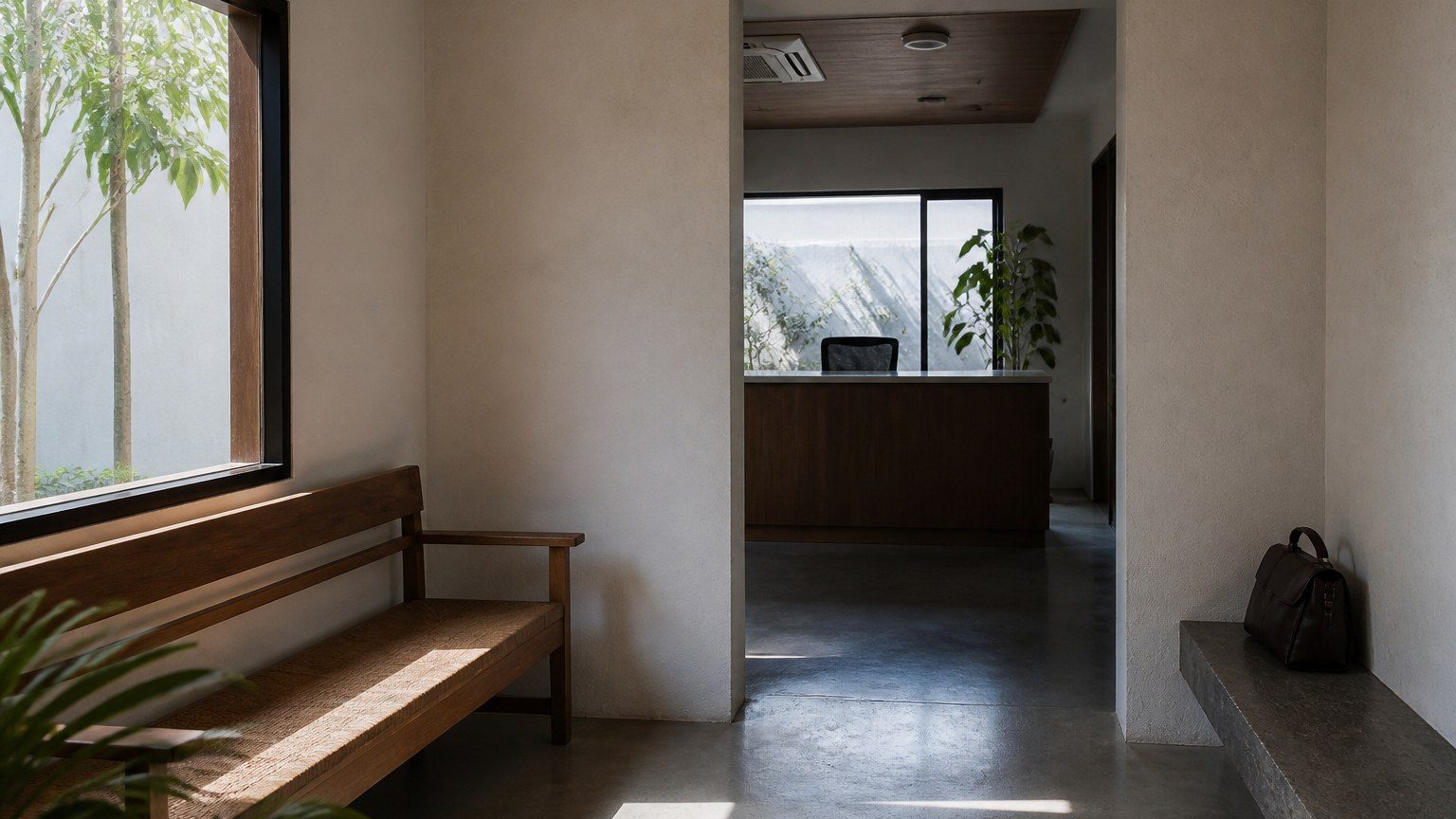 Small arrival room with a seat, bag ledge and a clear view toward reception