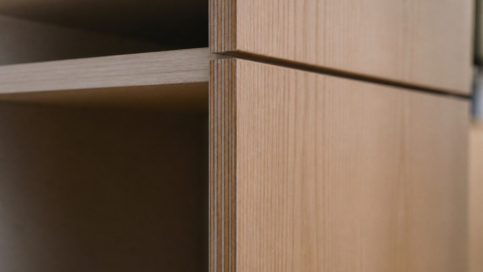 Close architectural view of plywood or millwork panel edges and veneer construction