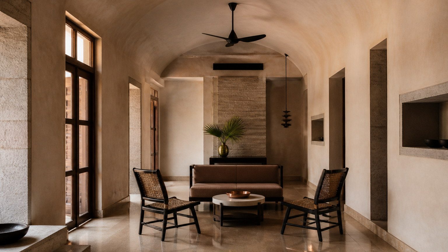 Arched passage in plaster and stone in a contemporary interior