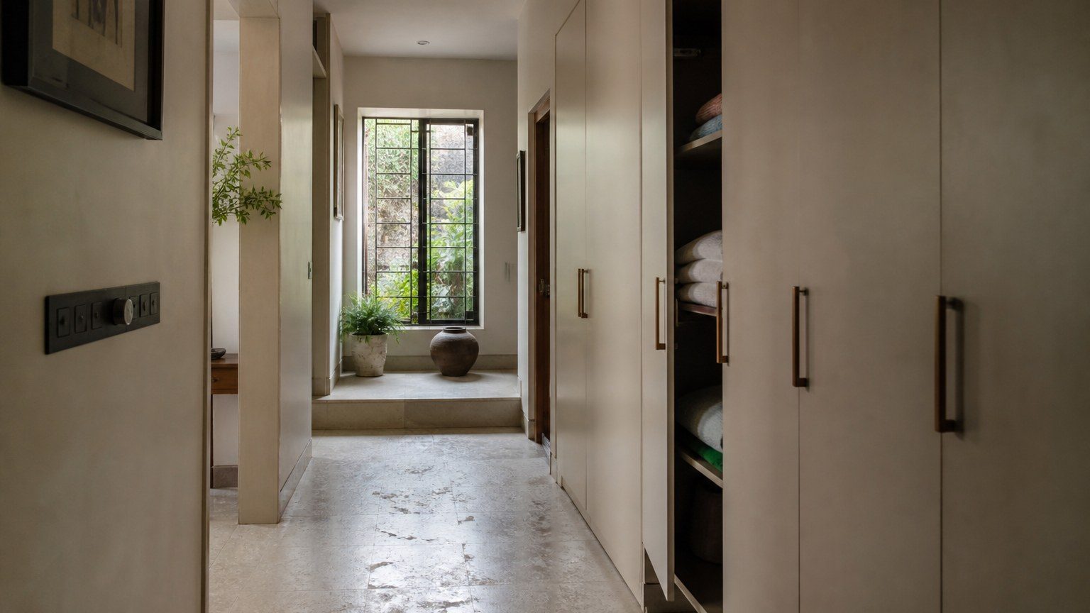 Residential storage and a hallway that looks used, not staged