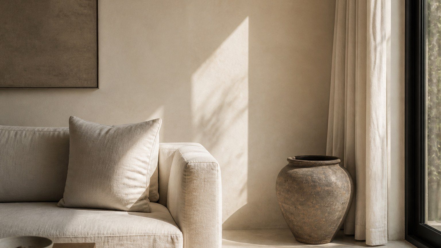 Daylight falling across a textile and a quieter plaster wall in a living room
