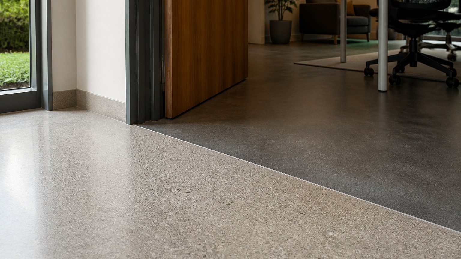 Level office threshold and a door with a clear approach, stone meeting a resilient floor