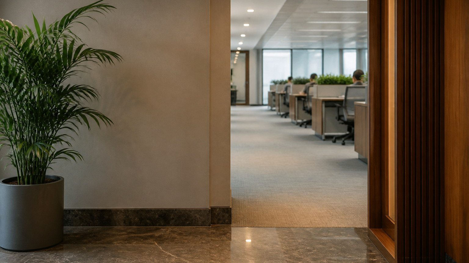 Workplace passage with a change of floor and soft threshold light