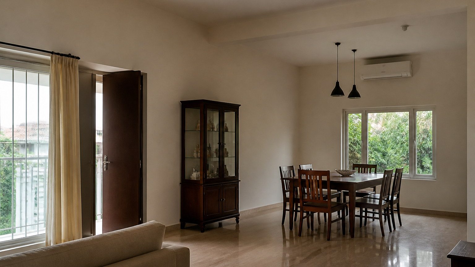 Wide residential room with calm proportions, plaster walls and a large window