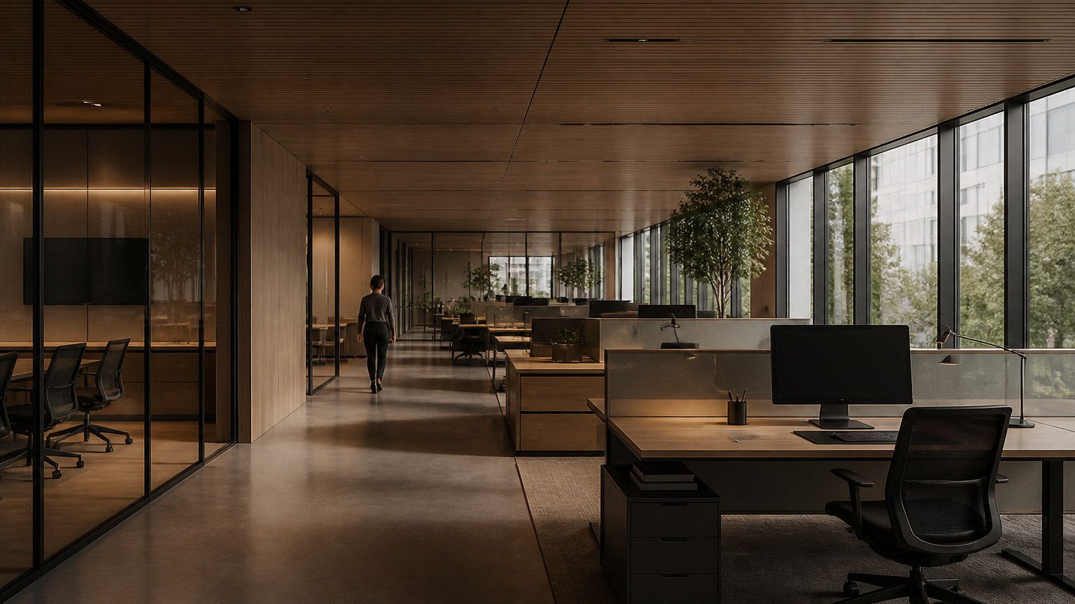 Composed office floor whose calm comes from proportion and acoustics