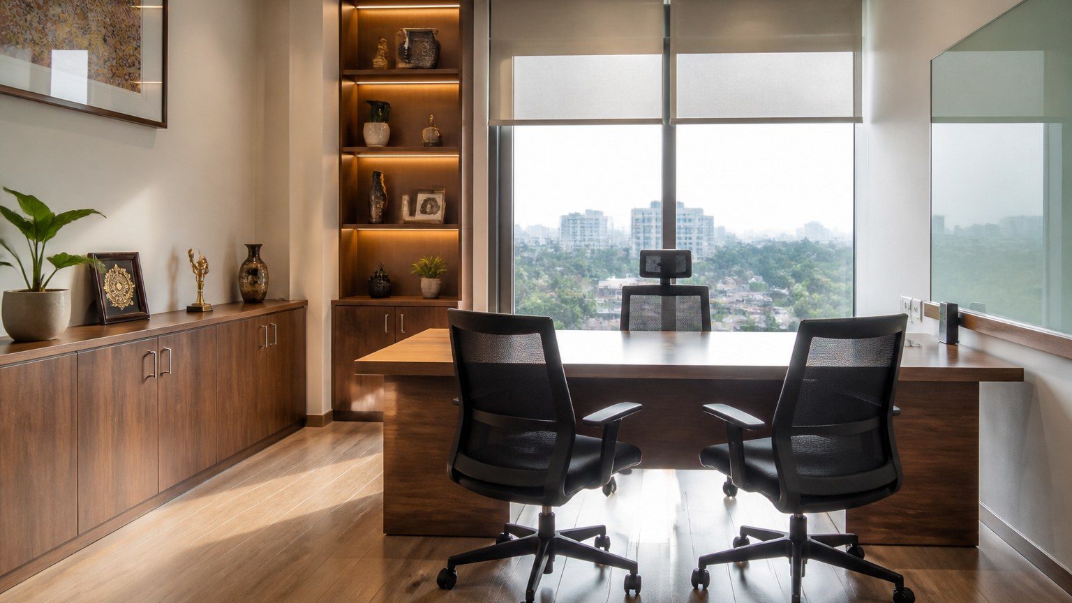 Workplace desk setting with clear approach space and a calm meeting edge