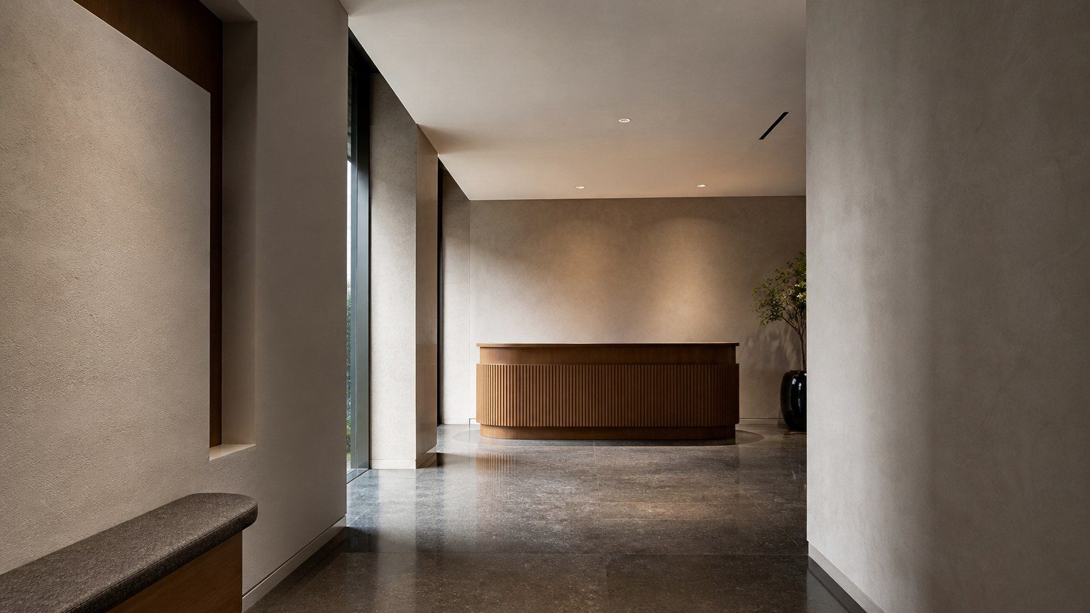 Reception desk seen from a quieter approach, not from the lift doors