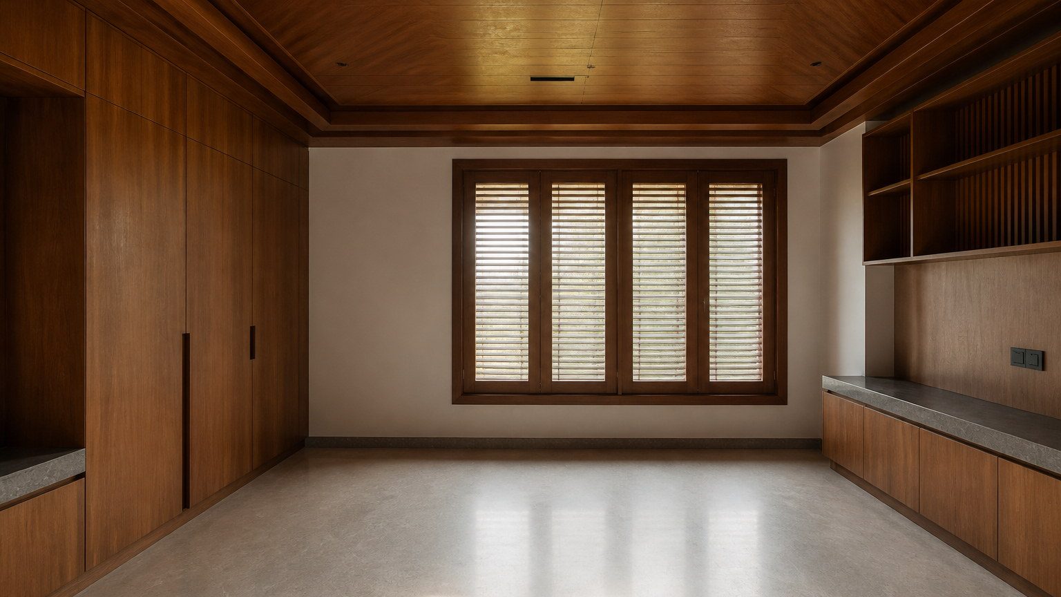 Newly completed quiet interior with extensive timber carpentry and closed windows