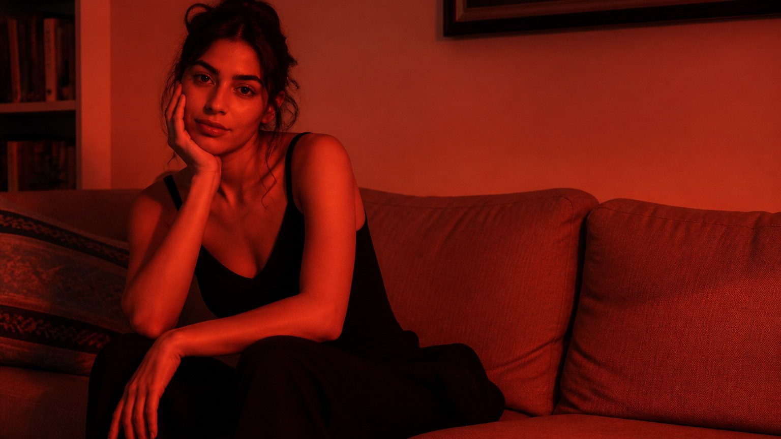 Evening in a colour-drenched room with warm artificial light on a single hue