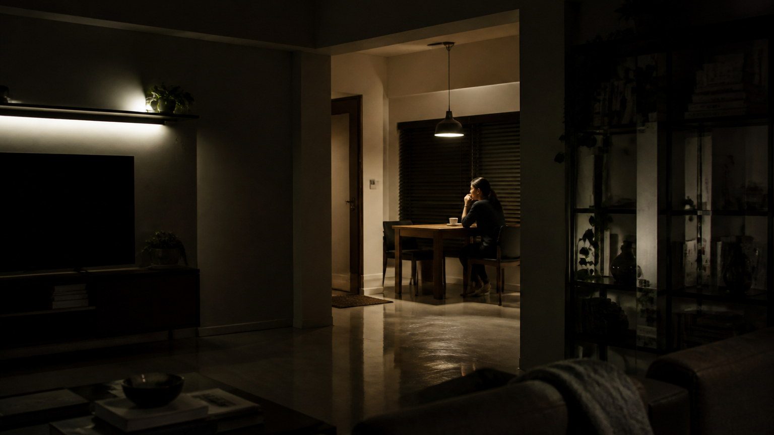 Wide evening interior with pools of shadow and a single controlled light source