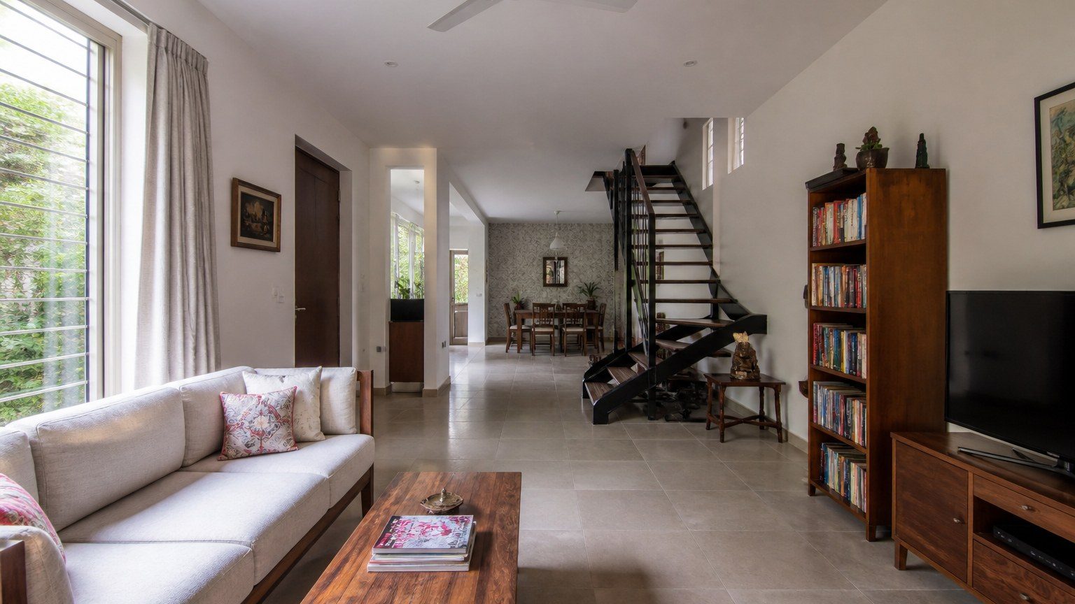 Family living space with a clear path through seating and daylight on a practical floor