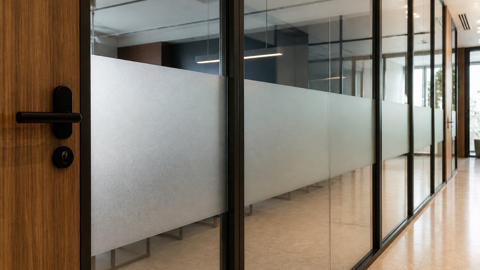 Detail of glass partition with a subtle film band at sitting height in an office