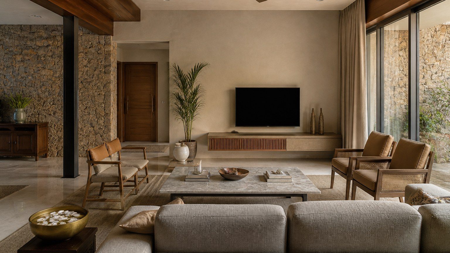 Furnished residential room with a clear foreground, middle ground and receding wall