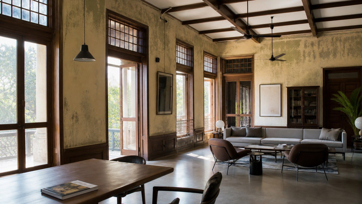 Wide interior of an older building inhabited with contemporary furniture and daylight